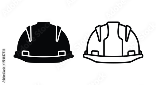Two construction helmets one filled and one outline shown as a silhouette