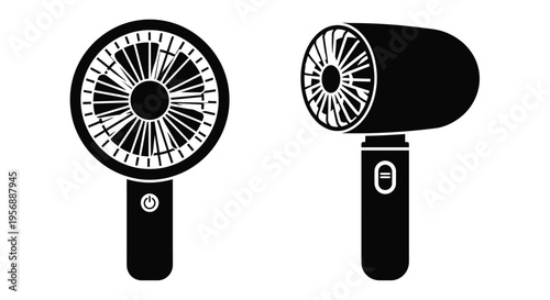 Two black and white illustrations of handheld electric fans