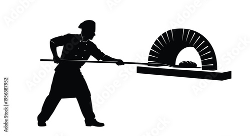 A pizzaiolo skillfully uses a peel with a traditional oven silhouette