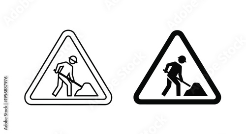 Road work ahead warning sign depicted in a black and white silhouette