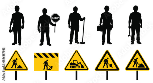 Construction workers and warning signs depicted in black silhouette