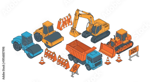 Isometric construction vehicles and equipment depicted in a detailed silhouette