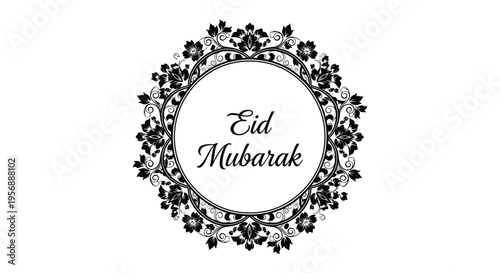 An elegant black floral wreath surrounding the text Eid Mubarak