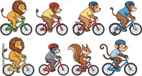 Photography Cute Cartoon Animal Characters Riding Bicycles, Featuring Lion, Monkey, Squirrel