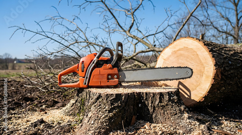 A powerful orange chainsaw rests on a tree stump next to a large, freshly cut log with sawdust