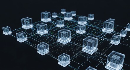 A futuristic network of glowing cubes connected by lines on a dark background