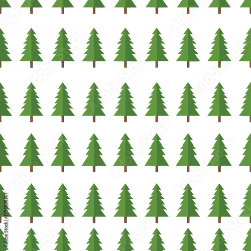 Geometric green evergreen trees in repeating rows on a white background
