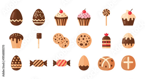 Set of Chocolate Easter Sweet Treats and Desserts Icons, Flat Vector Illustration of Chocolate Eggs, Cupcakes, Cookies, Candies, and Hot Cross Buns Isolated on White Background