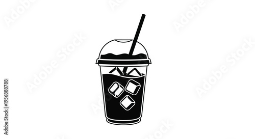 Black and white illustration of a plastic cup with iced coffee and straw