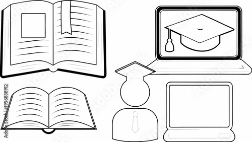 Education icons set with book graduation cap laptop and student silhouette in line art style for learning