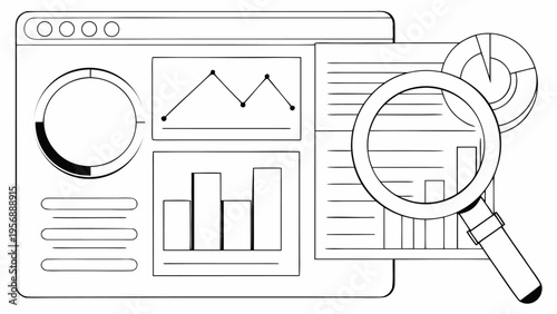 Digital marketing and seo optimization vector icon set with magnifying glass analyzing graph charts