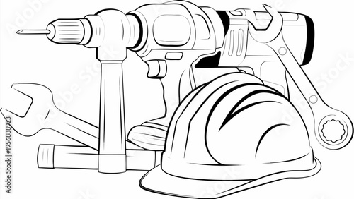 Construction tools vector set with drill wrench hammer and hard hat on white background for building and diy