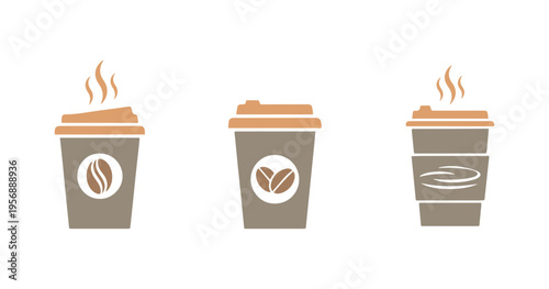 Flat collection of takeaway coffee cups isolated on a clean white backdrop.