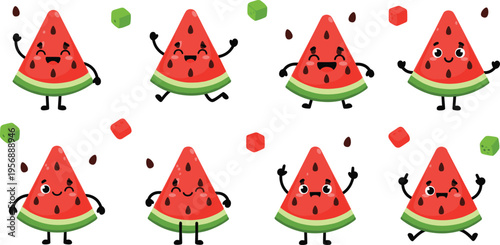 Cute Cartoon Watermelon Characters Set with Funny Faces and Arms Happy Fruit Mascot Collection for Kids Design, Summer Themes, and Playful Illustrations
