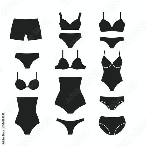 A collection of various women underwear and lingerie styles featuring bras and panty silhouettes isolated on white background, Vector, illustration