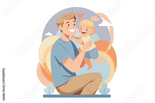 A heartwarming illustration depicting a loving father joyfully holding his happy baby, capturing a precious moment of paternal bond, family affection, and pure happiness in a modern, friendly style