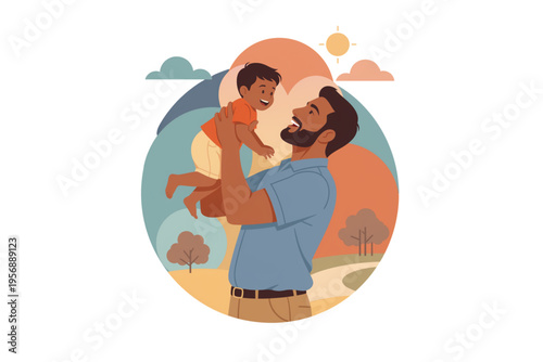 Father proudly holding his son up in the air during a sunny day with a scenic backdrop