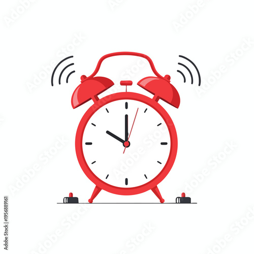 Red twin-bell alarm clock rings loudly with wavy lines