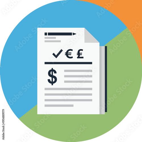 Flat icon of document with currency symbols and pencil, on a circular background