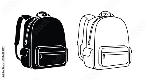 Two black and white line art depictions of a standard backpack