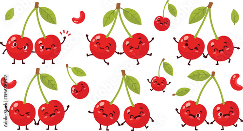 Cute Cherry Cartoon Pattern with Funny Fruit Characters, Smiling Faces, and Seamless Background Design for Kids Illustration, Food Theme, and Playful Textile Print