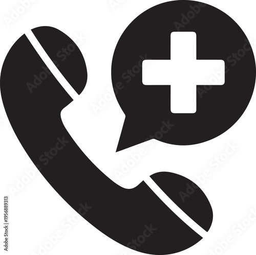 A black icon showing a telephone handset combined with a circular speech bubble and a plus sign