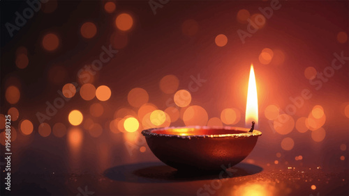 Vector illustration of a single lit diya lamp with bokeh background