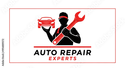 Auto Repair Experts Logo with Mechanic and Car.