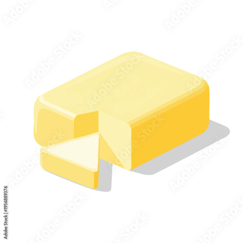 A single block of yellow butter with a wedge removed