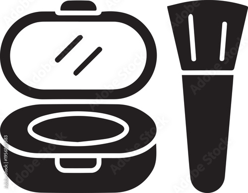 A minimalist black and white vector icon of a makeup compact case with a matching powder brush