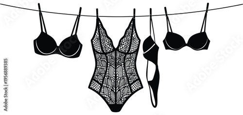 Black silhouette illustrations of various women lingerie items hanging on a laundry clothesline isolated on white background, Vector, illustration