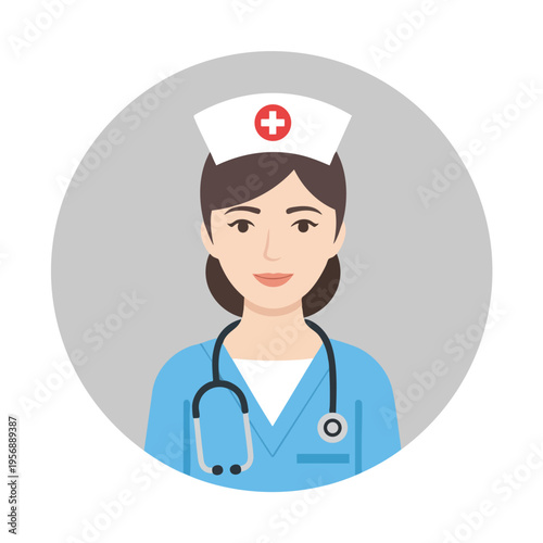Friendly nurse in blue scrubs and cap, wearing stethoscope, circle icon
