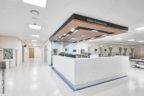 Contemporary reception desk in bright hospital treatment area