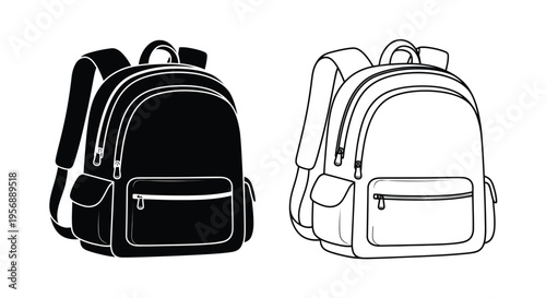 Two backpacks shown in black and white line art illustrations