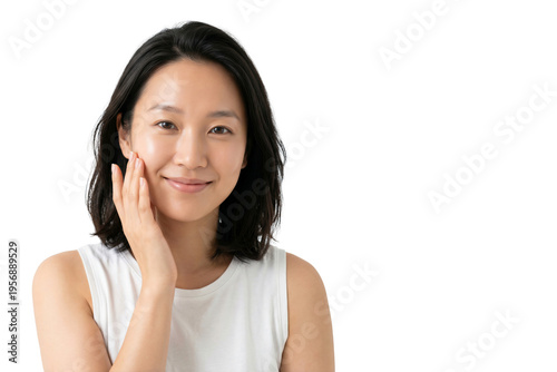 Young Asian woman smiling with beautiful face touching healthy facial skin, skincare and cosmetics concept, isolated on transparent background, PNG