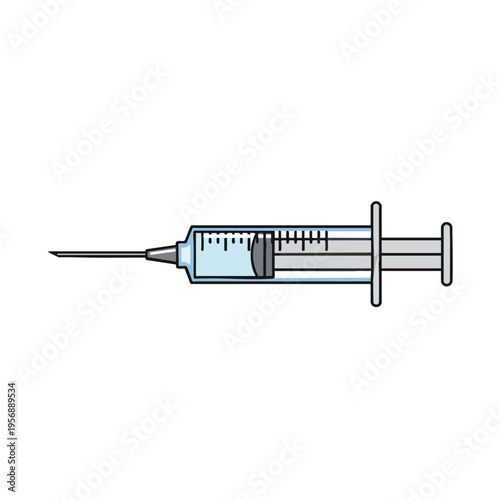 A cartoon syringe with a needle and clear liquid, marked with measurements