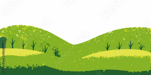 Stylized landscape with green hills and sparse trees digital illustration