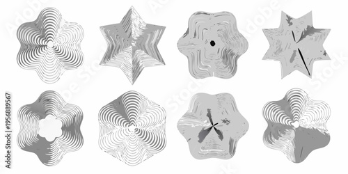 Abstract star and organic shapes in grayscale arranged in a grid