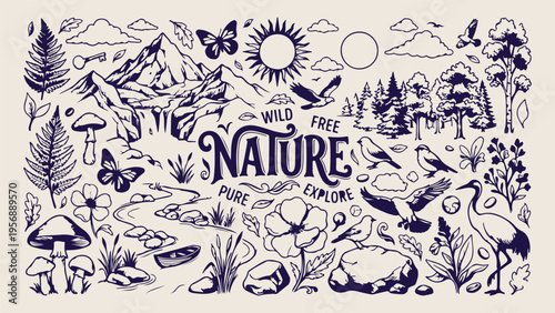 Nature typography with mountain doodles, hand-drawn outdoor adventure sketch, rustic line art landscape, vintage nature illustration, wild and free elements, hiking and camping icons, scenic natural w