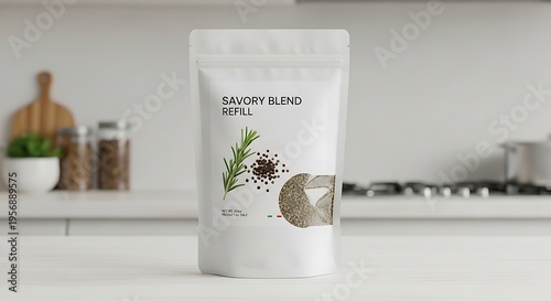 Herbs and spices on a kitchen counter with a white bag labeled Savory Blend.