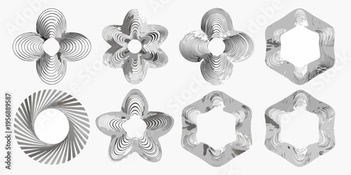 Abstract geometric shapes with swirling lines in grayscale tones