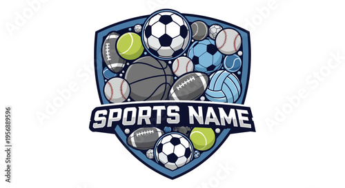 Dynamic Sports Emblem with Assorted Balls and SPORTS NAME Text on a Shield Design.