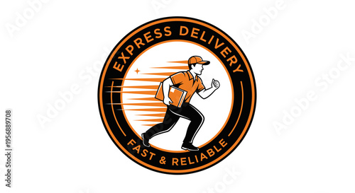Express Delivery Service Logo with Running Courier and Fast Reliable Slogan.