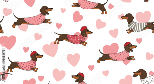 Cute Dachshund Dog Pattern with Hearts, Funny Sausage Dogs in Sweaters, and Love Theme Illustration for Valentine Design, Fabric Print, and Romantic Background