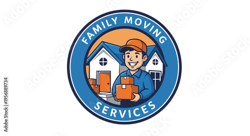 Family Moving Services Logo with Man Carrying Boxes.