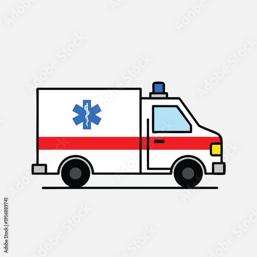 A side view of a white ambulance with a red stripe and blue medical symbol