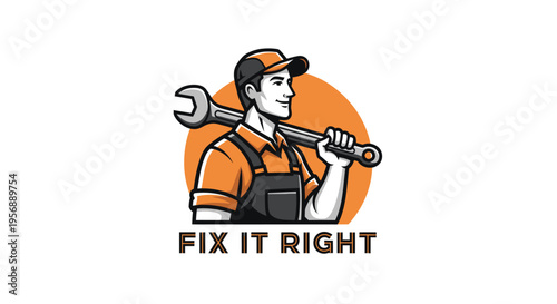 Fix It Right Mechanic Holding Wrench Logo.