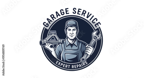 Garage Service Expert Repairs Logo with Mechanic Holding Tools.