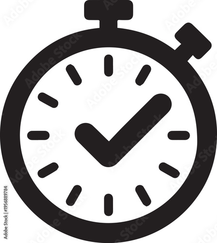 A minimalist black and white stopwatch icon featuring a prominent checkmark symbol in the center