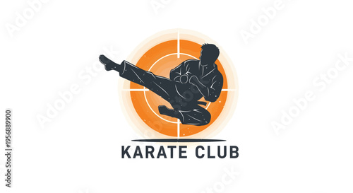 Karate club logo with silhouette of martial artist performing a kick.